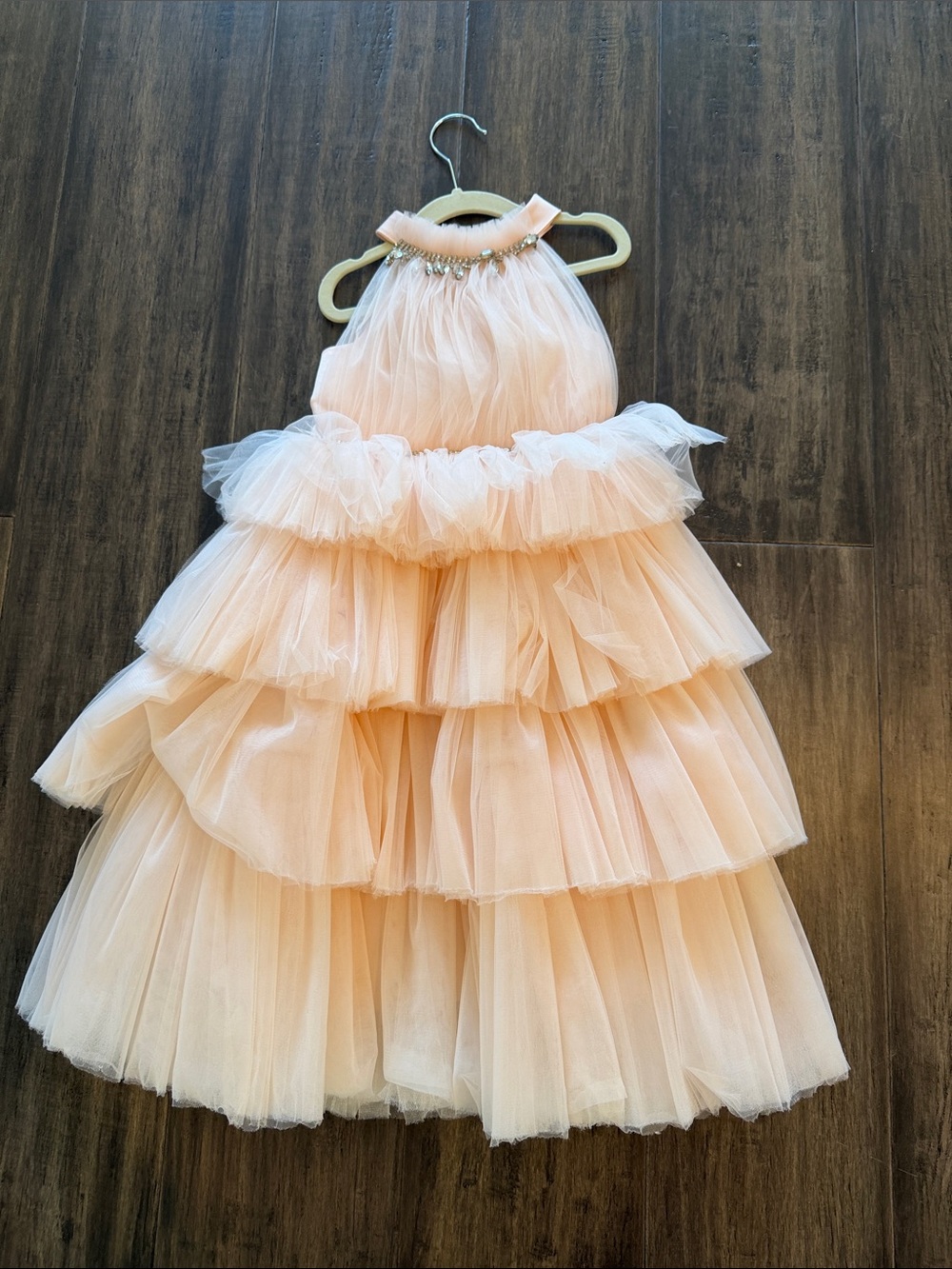 Peach Tulle Tiered Halter Flower Girl Dress with Beaded Neckline